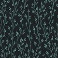 Abstract nature seamless pattern with blue contours of twigs with leaves on black background