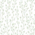 Abstract nature seamless pattern with green contours of twigs with leaves on white background