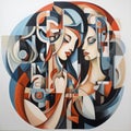 Abstract Neocubist Painting Serene Faces In A Circle Of Square Shapes Royalty Free Stock Photo