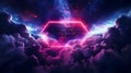 Abstract neon background in 3D with a stormy cloud and a hexagonal frame shining with different colors