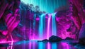 An abstract neon background featuring cascading neon waterfalls cave against a futuristic backdrop. This vibrant, high-tech scene