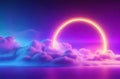 Abstract Neon Background with Illuminated Cloud and Round Geometric Arch.
