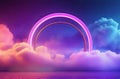 Abstract Neon Background with Illuminated Cloud and Round Geometric Arch.