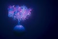 Abstract neon background, mystical space planet with tree sprouted on it in light of pink blue ultraviolet light glowing glowworm