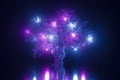 Abstract neon background, mystical space planet with tree sprouted on it in the light of pink blue ultraviolet light glowing toys