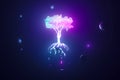 Abstract neon background, mystical space planet with tree sprouted and the resulting glowing lava, on it and light of pink blue