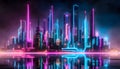 Abstract neon background resembling a cityscape with glowing skyscrapers and neon lights. Ideal for urban, futuristic, and