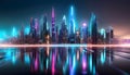 Abstract neon background resembling a cityscape with glowing skyscrapers and neon lights. Ideal for urban, futuristic, and