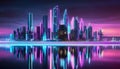 Abstract neon background resembling a cityscape with glowing skyscrapers and neon lights. Ideal for urban, futuristic, and