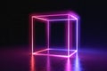 Abstract neon cube brightly shining in dark room. 3D rendered illustration