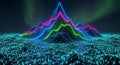 Abstract Neon Digital Landscape with Binary Code Mountains and Aurora Borealis Royalty Free Stock Photo