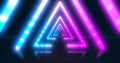 Abstract neon flying triangle tunnel with fluorescent ultraviolet light. Different Colors Rainbow