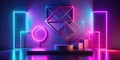 Abstract neon geometric display platform with vibrant lighting. Generative AI Royalty Free Stock Photo