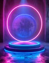 Abstract Neon Glowing Circle Above Platform with Blue and Pink Light Royalty Free Stock Photo