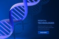 Neon glowing 3d DNA background. Vector illustration. Medical technology, biotechnology, science research concept