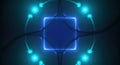 Abstract neon glowing square with futuristic digital circuit board patterns and light effects Royalty Free Stock Photo