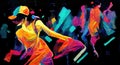 abstract neon hip hop dance contest poster, girl with a hat dancing, ai generated image Royalty Free Stock Photo