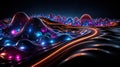 Abstract neon landscape, in which color lines create the impression of galactic trac