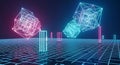 Abstract neon landscape with wireframe cubes and glowing rectangular pillars Royalty Free Stock Photo