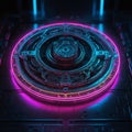 Abstract neon light Cyborg circular engine mechanics wallpaper Royalty Free Stock Photo