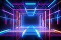 Abstract neon light geometric background. Glowing neon lines. Empty futuristic stage laser. Colorful rectangular laser lines. Royalty Free Stock Photo