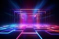 Abstract neon light geometric background. Glowing neon lines. Empty futuristic stage laser. Colorful rectangular laser lines. Royalty Free Stock Photo