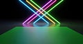 Abstract Neon Light Installation with Intersecting Geometric Beams and Reflective Green Platform Royalty Free Stock Photo