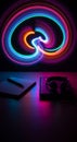 Abstract Neon Light Painting with Headphones and Notebook Royalty Free Stock Photo