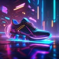 Abstract Neon light sneaker shoe, glowing wallpaper, space light