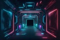 Abstract neon lights into digital technology tunnel. Generative AI illustration Royalty Free Stock Photo