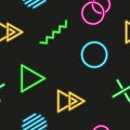 Abstract neon memphis pattern of diagonal geometric multicolored shapes and figures on black background Royalty Free Stock Photo