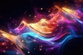 Abstract neon multicolor particles background. Glowing bokeh waves and surface grid