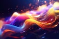 Abstract neon multicolor particles background. Glowing bokeh waves and surface grid