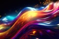 Abstract neon multicolor particles background. Glowing bokeh waves and surface grid