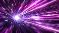 Abstract neon pink and purple rays with circular centric motion on black background. Space travel route perspective with