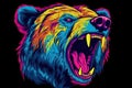 Abstract neon portrait of a bear's head, a grizzly in the style of pop art on a black background. Generative AI