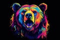 Abstract neon portrait of a bear's head, a grizzly in the style of pop art on a black background. Generative AI