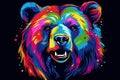 Abstract neon portrait of a bear's head, a grizzly in the style of pop art on a black background. Generative AI