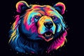 Abstract neon portrait of a bear& x27;s head, a grizzly in the style of pop art on a black background. Generative AI