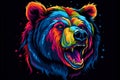 Abstract neon portrait of a bear's head, a grizzly in the style of pop art highlighted on a black background