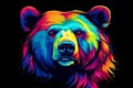 Abstract neon portrait of a bear's head, a grizzly in the style of pop art highlighted on a black background