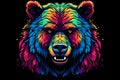 Abstract neon portrait of a bear's head, a grizzly in the style of pop art highlighted on a black background