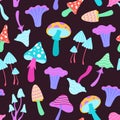 Abstract neon seamless pattern with psychedelic hallucination mushrooms. Trippy print with poison mushroom, amanita and