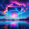 Abstract neon sky with a luminous square and a of Amazing scenery at