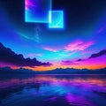 Abstract neon sky with a luminous square and a of Amazing scenery at