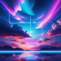 Abstract neon sky with a luminous square and a of Amazing scenery at