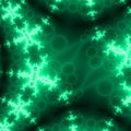 Abstract neon snowflakes fractal mesh background. Green on black point cloud. Technological cyberspace background