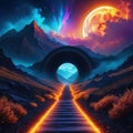 Abstract neon space landscape Month and and star Realistic fantasy setting zodiac and