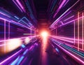 Abstract neon space tunnel with ultra violet rays and glowing speed of light lines, AI generated