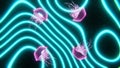 Abstract neon wallpaper. Pink jellyfish swimming in dark space with blue neon waves and hoops illustration